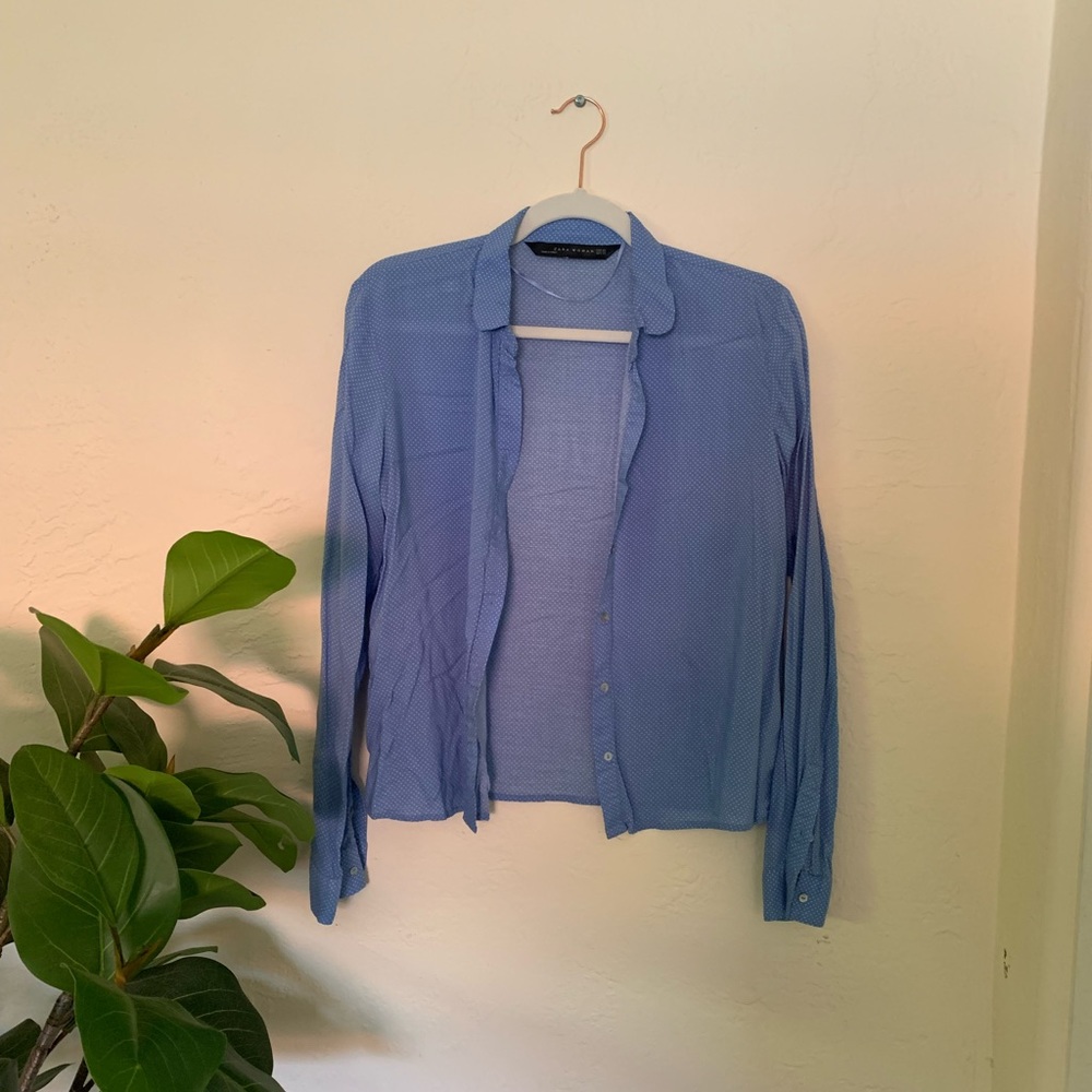 Zara Woman Button Down Blue and White Polka Dot top Size Small